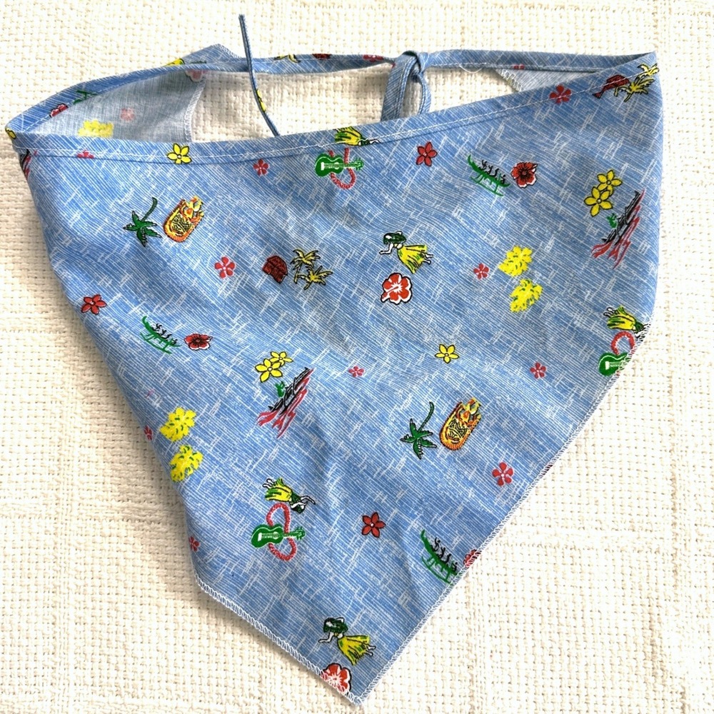 VTG 90s Hawaiian Print Bandana Blue Cotton Hula Girl Tiki USA Made Tropical